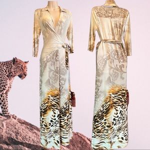 Leopard Floral Scroll White Maxi Long Maxi Wrap Dress